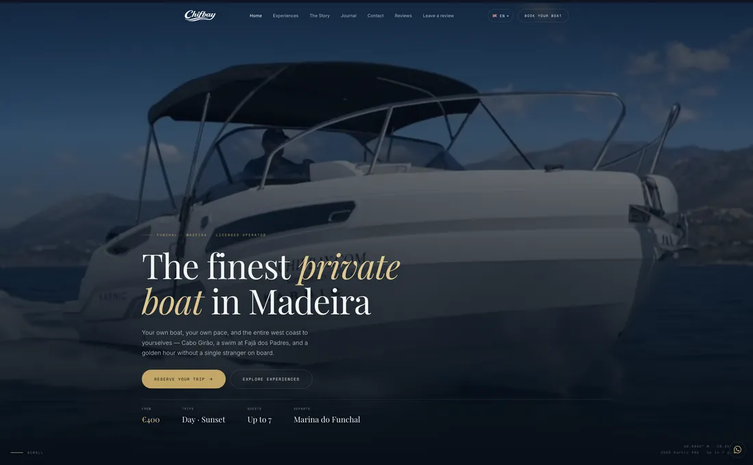 Página do site charter privado Madeira